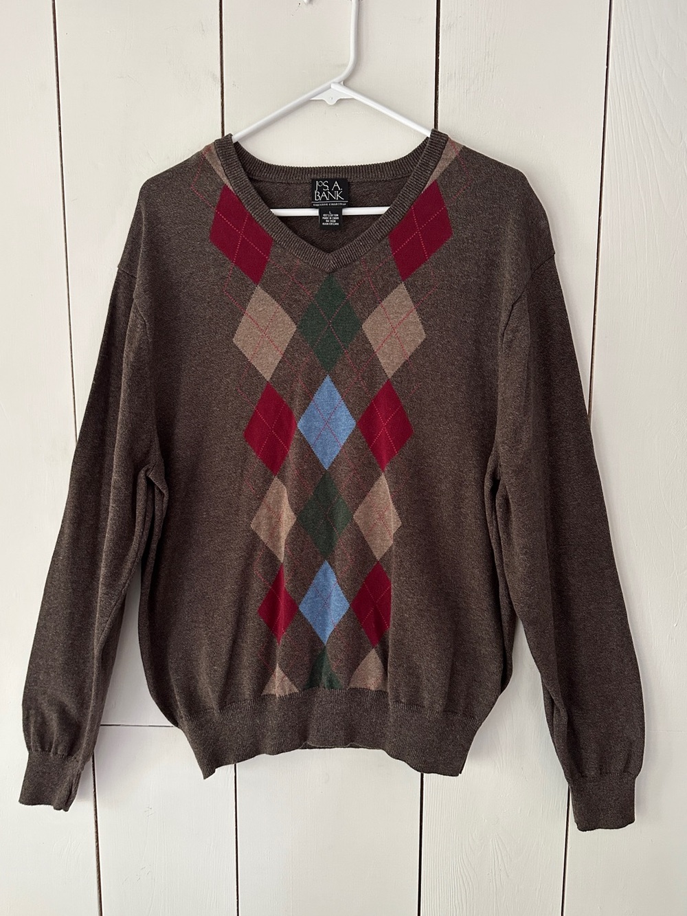 Vintage Jos A. Bank Argyle V-Neck Sweater Sz L Brown Multicolor